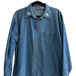 Vintage Denim Workshirt Embroidered Floral Collar Women’s 2XL